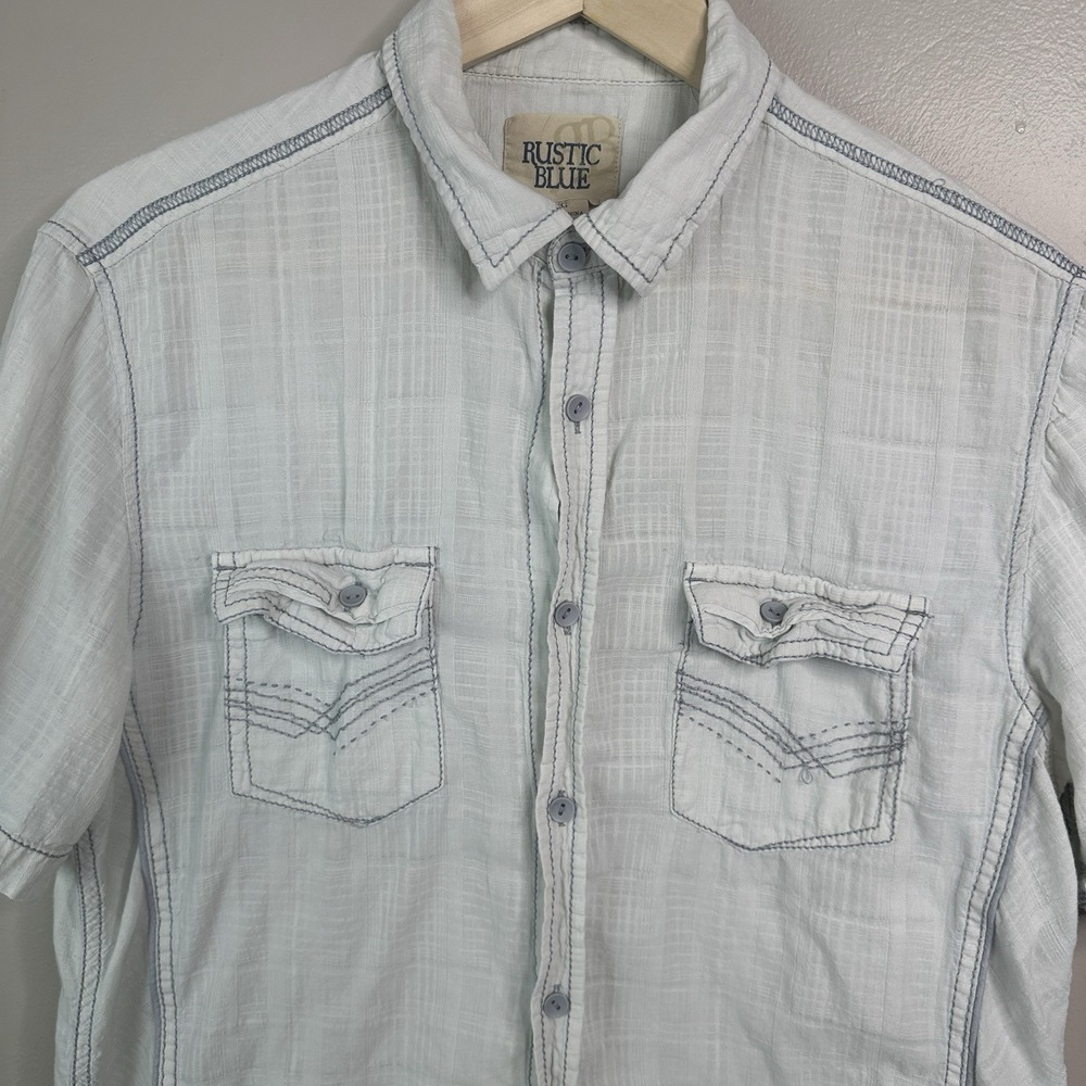 Rustic Blue Shirt Mens L White Button Up Embroidered Cotton Linen - Picture 2 of 11